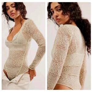 Free People Intimately In My Head Lace Bodysuit Size L Fern Moss Green Sheer